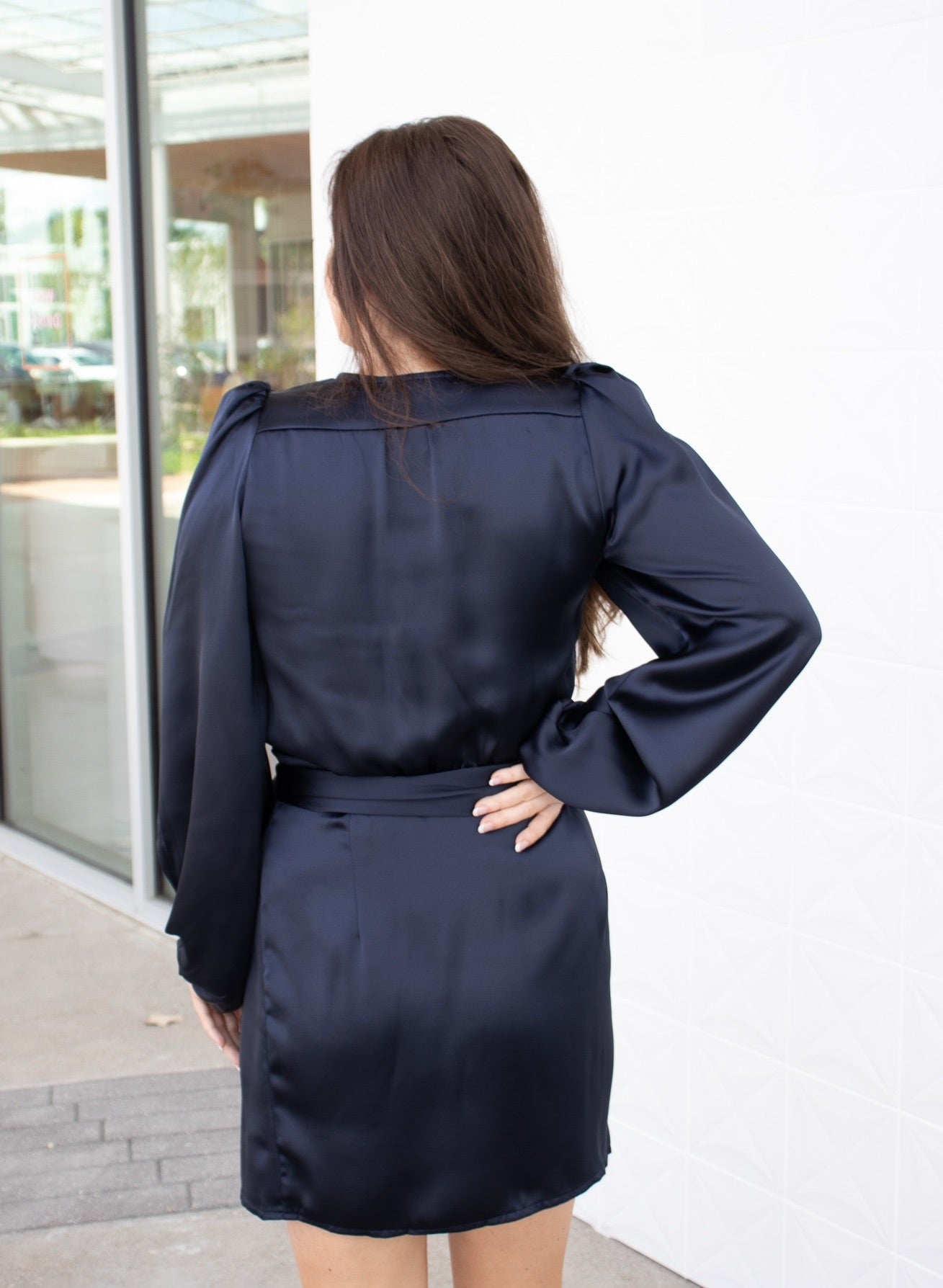 Dark Navy Satin Long Sleeve Wrap Dress ...